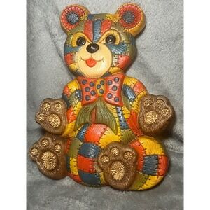 Vintage 1979 70's Fown Craft Patchwork Teddy Bear Wall Decor Nursery Plaque USA